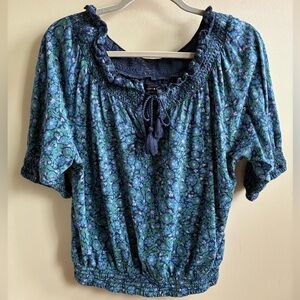 Lucky Brand Short Sleeve Tie Front Peasant Top Blouse Floral Blue Green Size M